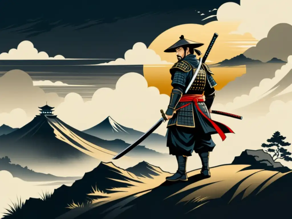 Un ronin solitario en un paisaje ventoso, con armadura samurái y katana