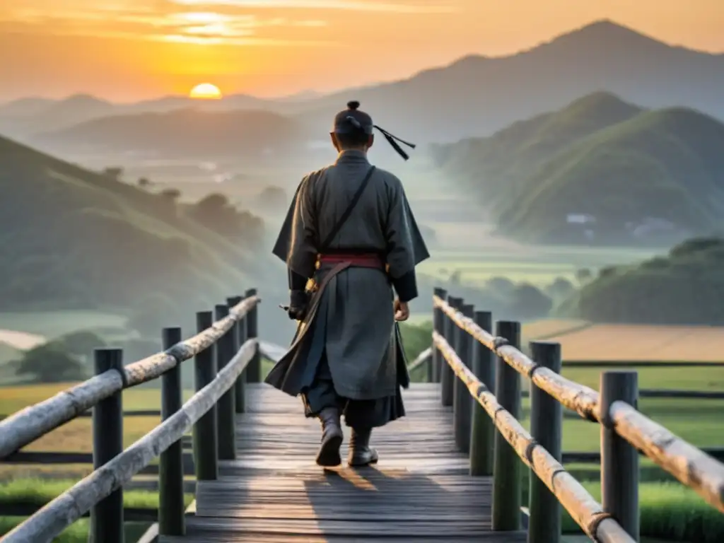 Un ronin solitario en un puente de madera, con el sol poniéndose detrás, reflejando su vida errante