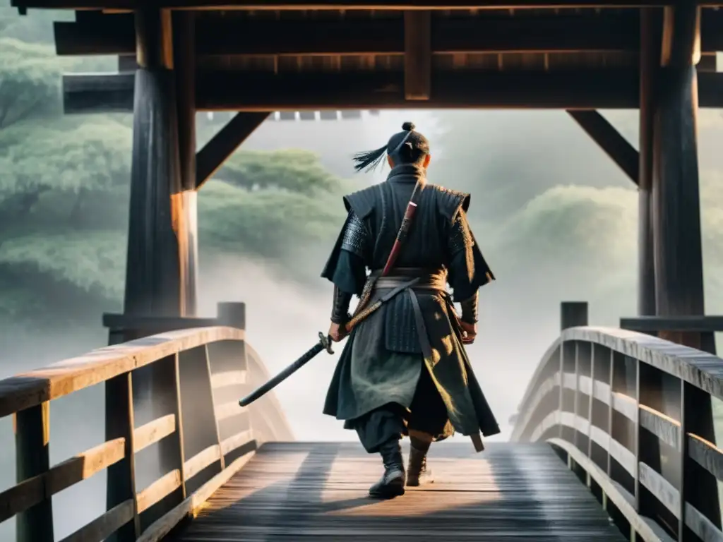 Un ronin solitario en un puente neblinoso, su capa ondea al viento