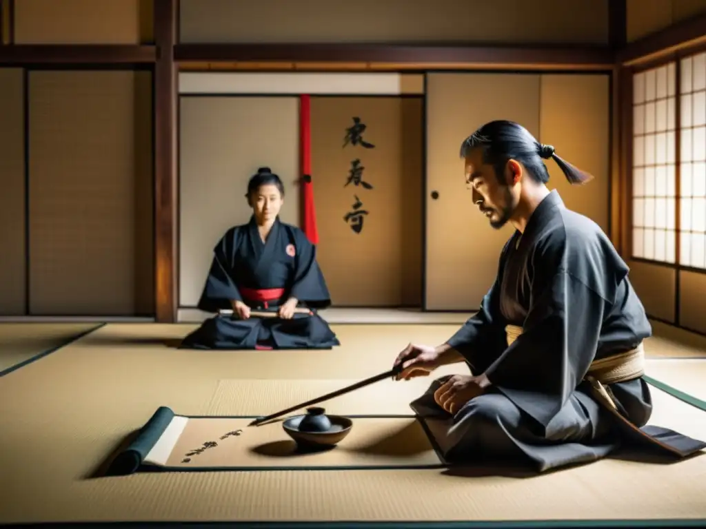 Ronin en tatami practican caligrafía, reflejando la contribución cultural ronin Japón feudal con serenidad y precisión