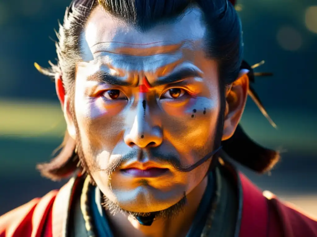 El rostro desgastado pero decidido de Takeda Shingen líder carismático irradia sabiduría y fuerza, reflejando la esencia de un líder samurái