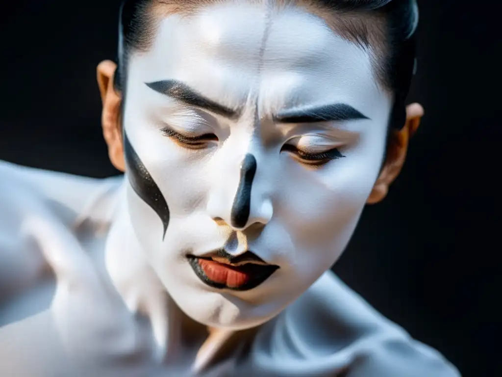 Rostro expresivo de bailarín butō, reflejando la intensidad y significado del Bushidō en el butō, con pintura blanca y ojos penetrantes