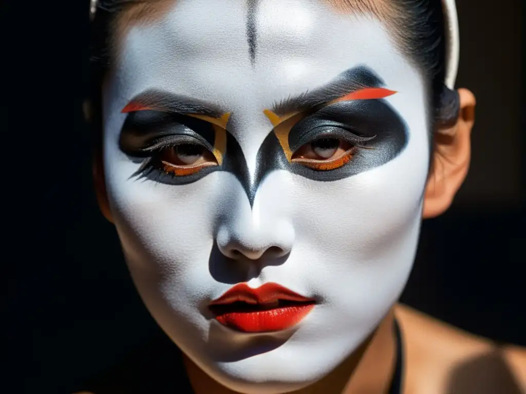 El rostro pintado de un bailarín butō muestra intensidad controlada, reflejando el significado del Bushidō en el butō