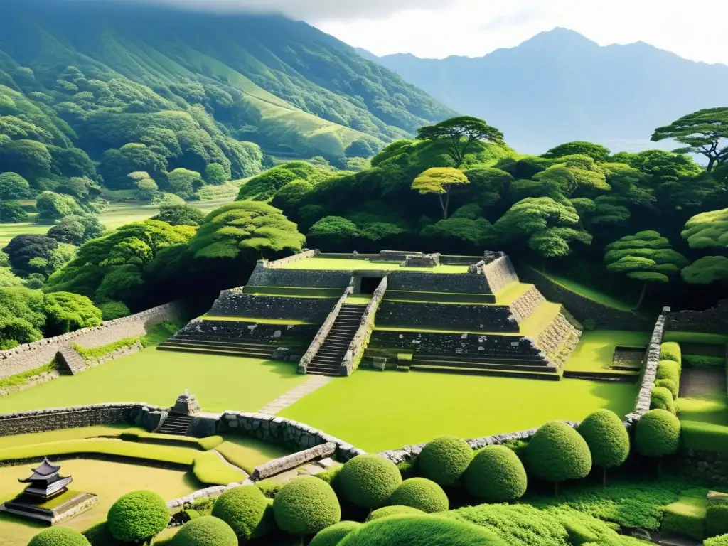 Ruinas antiguas del Castillo de Hara en Shimabara, Japón, evocando el Levantamiento cristiano en Shimabara con su atmósfera serena y poderosa, rodeado de exuberante vegetación