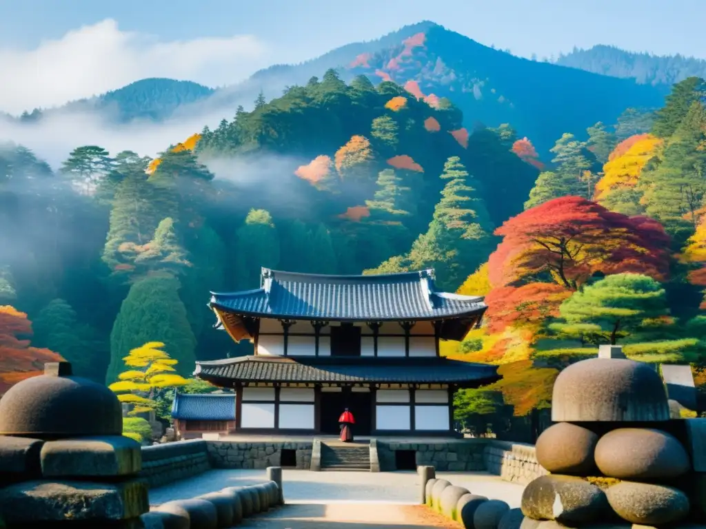 Ruinas del castillo antiguo en Mount Koya, rodeadas de neblina y follaje otoñal