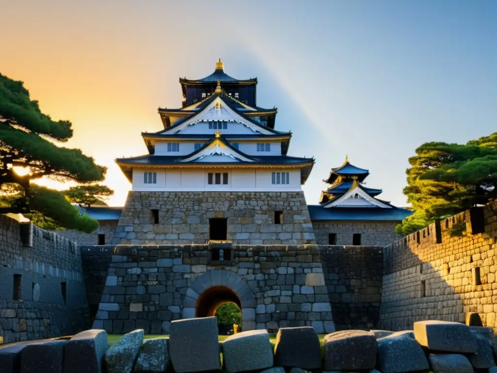 Ruinas del Castillo de Osaka al atardecer, con un cálido resplandor dorado