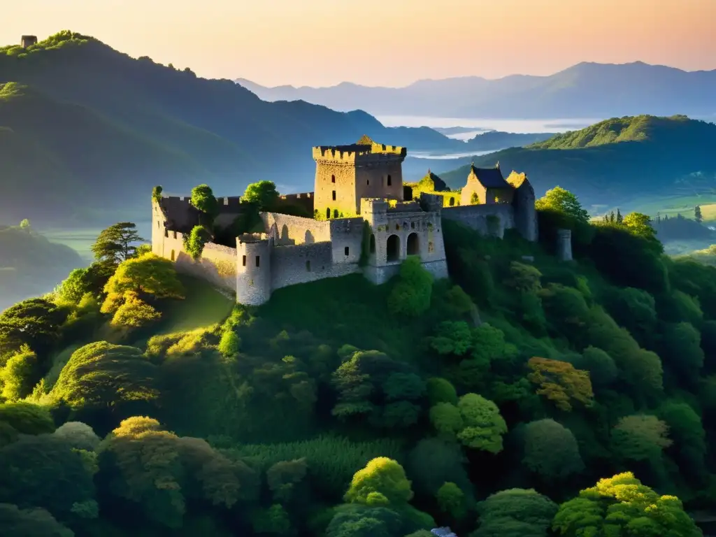 Ruinas del Castillo de Hara al atardecer, evocando la mística Revuelta de Shimabara Shogunato Tokugawa