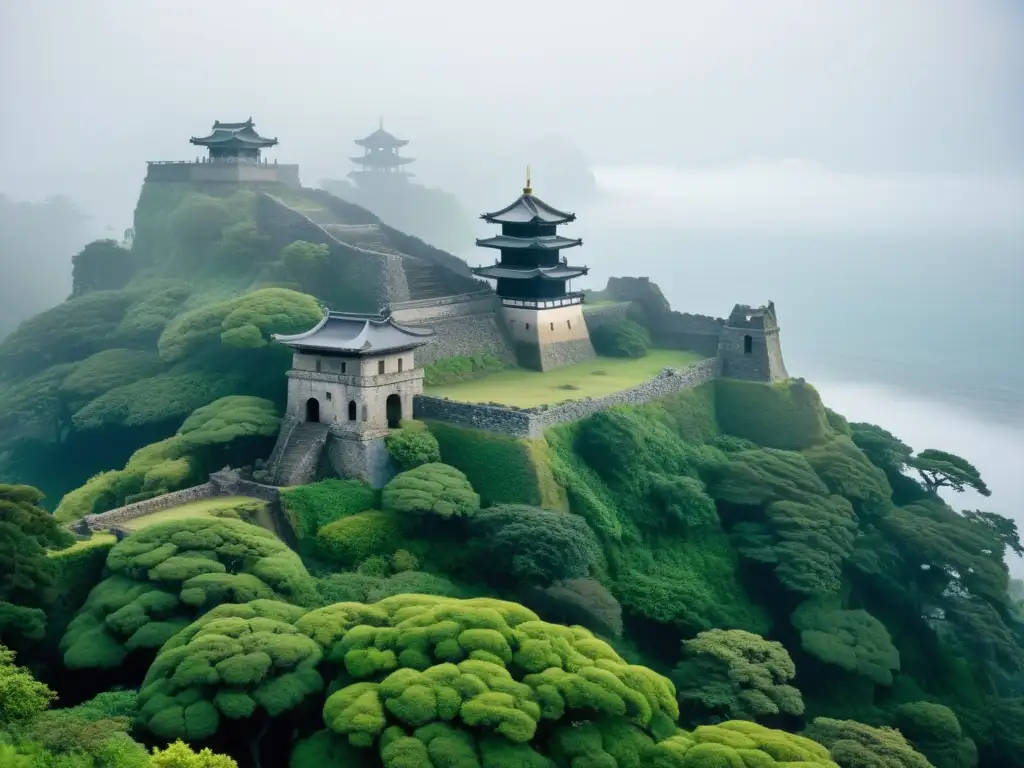 Ruinas del Castillo de Hara en Shimabara, Japón, envueltas en niebla