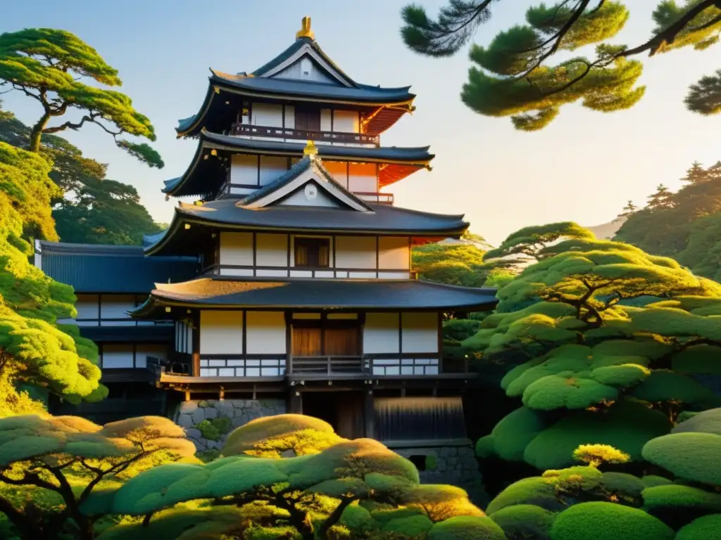 Ruinas de castillo japonés rodeadas de vegetación, bañadas por la luz del atardecer