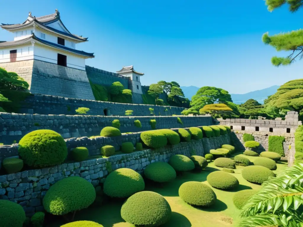 Las ruinas del castillo de Shimabara en medio de exuberante vegetación, bajo un cielo azul claro