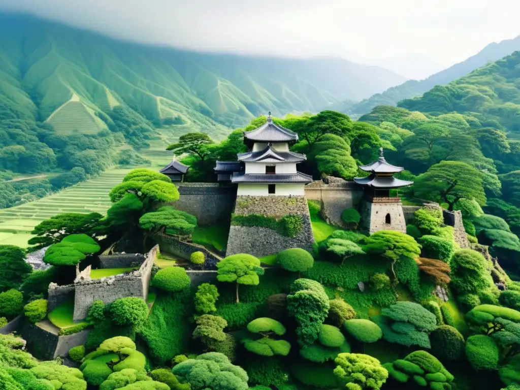 Ruinas del Castillo de Shimabara en medio de exuberantes montañas, evocando serenidad e historia