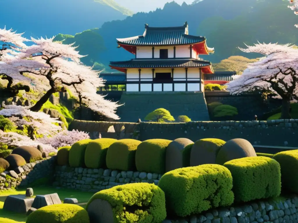 Ruinas del castillo de Shimabara en Japón, con muros de piedra cubiertos de musgo y árboles de cerezo en flor