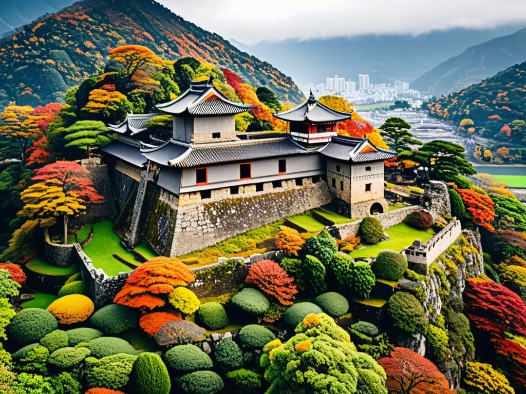 Explorando ruinas castillos samurai: Vista aérea impresionante de un antiguo castillo rodeado de exuberante vegetación y montañas cubiertas de niebla