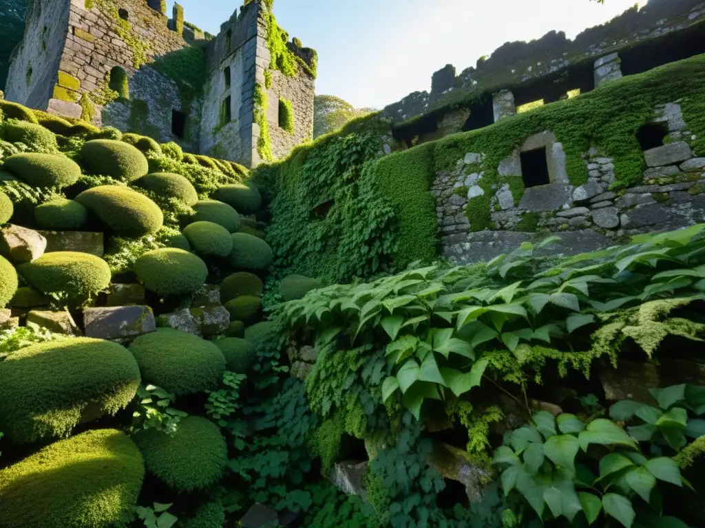 Explorando ruinas castillos samurai: Muralla de piedra cubierta de musgo y hiedra, con restos de castillo al fondo y luz cálida entre la vegetación