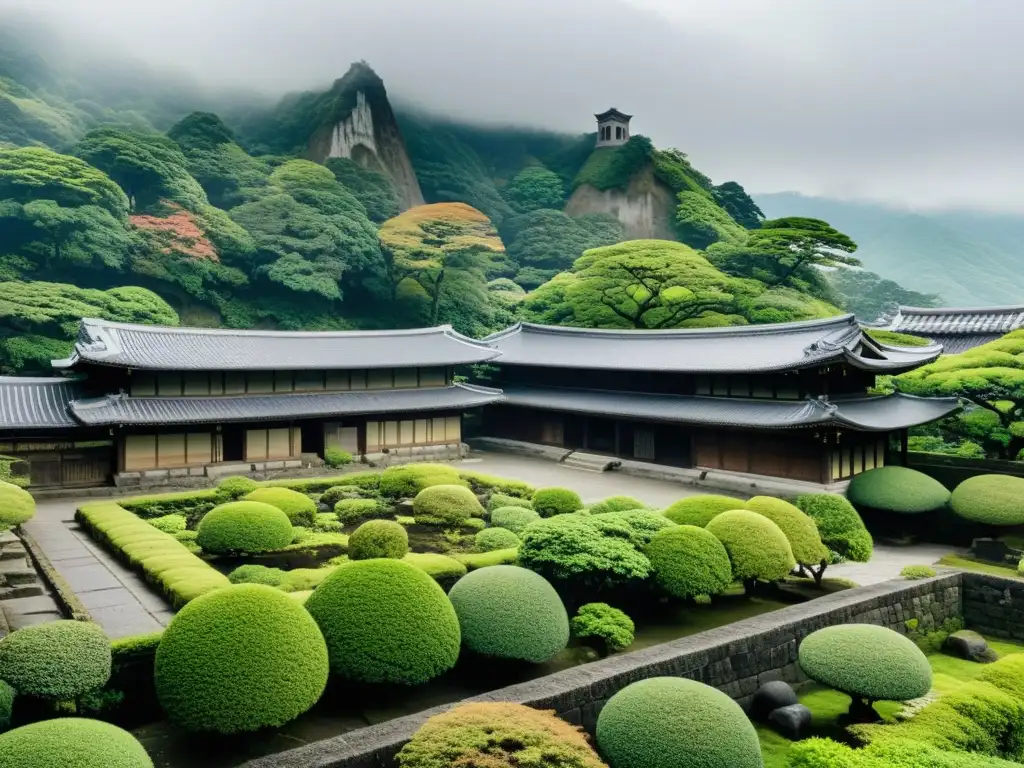 Ruinas del centro administrativo del Shogunato de Kamakura, rodeadas de montañas brumosas y jardines desatendidos