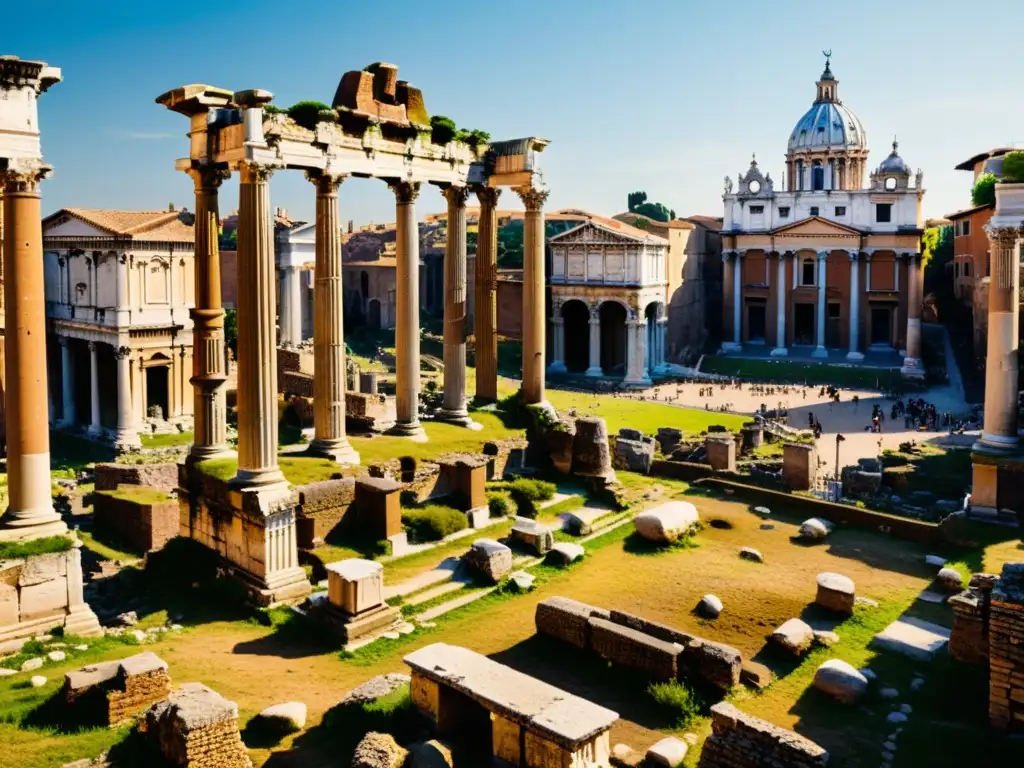 Ruinas del foro romano iluminadas por el cálido sol, contrastando con edificios modernos