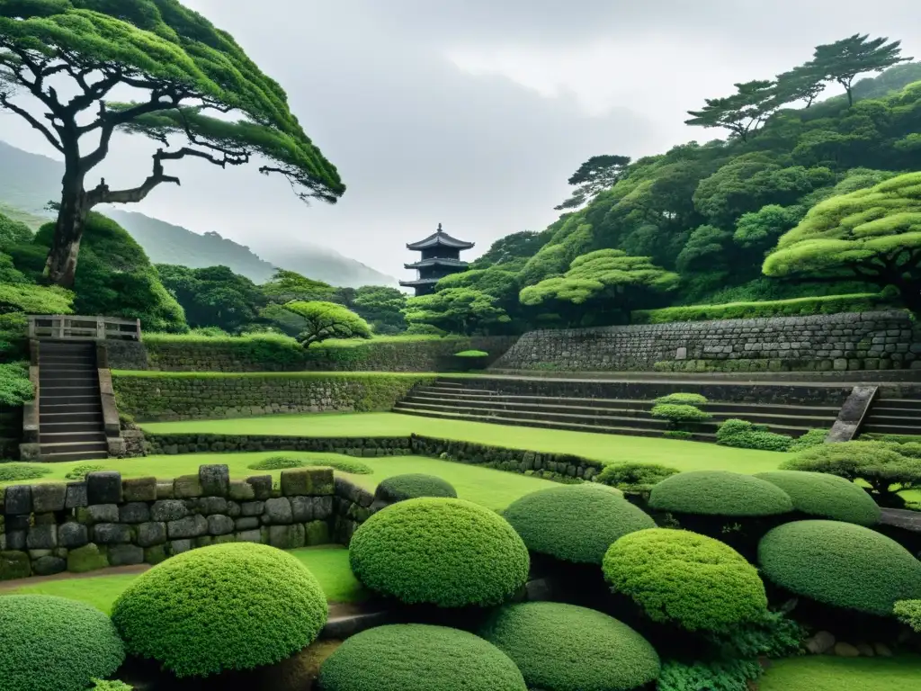 Ruinas de la fortaleza samurái de la era Kamakura, rodeadas de vegetación exuberante bajo un cielo nublado