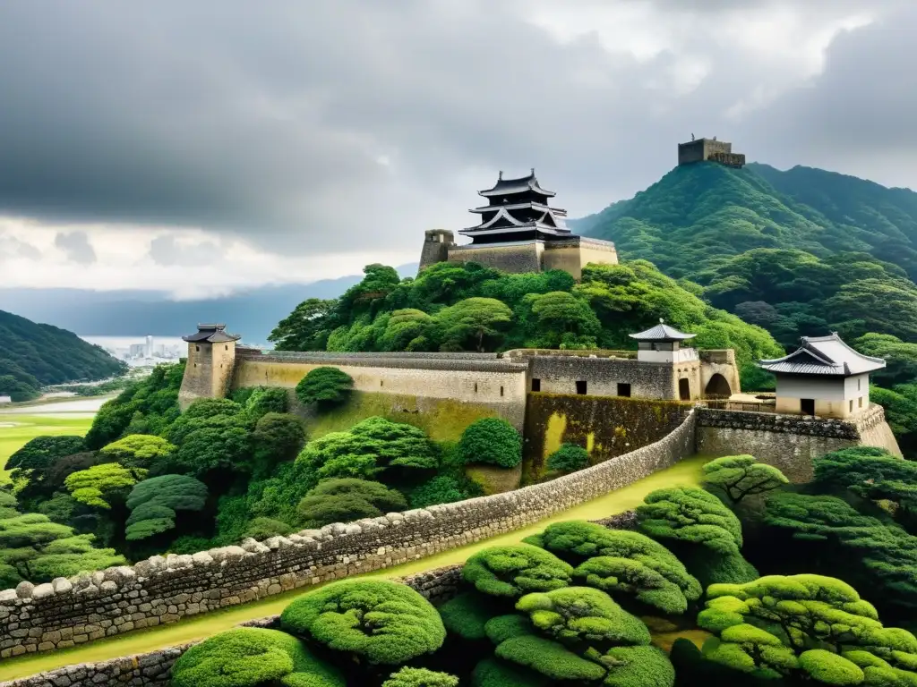 Ruinas imponentes del Castillo Azuchi de Oda Nobunaga, evocando la revolución samurai en una atmósfera dramática y majestuosa