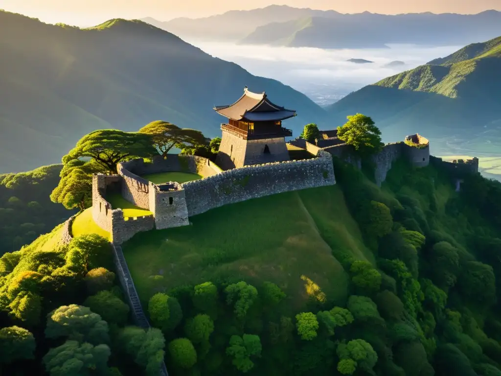 Ruinas del castillo samurái entre montañas verdes al atardecer, evocando historia y misterio