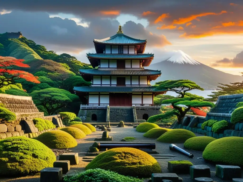 Ruinas del Shogunato de Kamakura en declive, con muros de piedra cubiertos de musgo y torres de vigilancia en ruinas, bajo un dramático atardecer