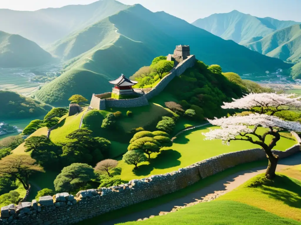 Ruinas del Castillo Takeda con historia y filosofía samurái Takeda, montañas verdes, piedras antiguas, y un cerezo en flor