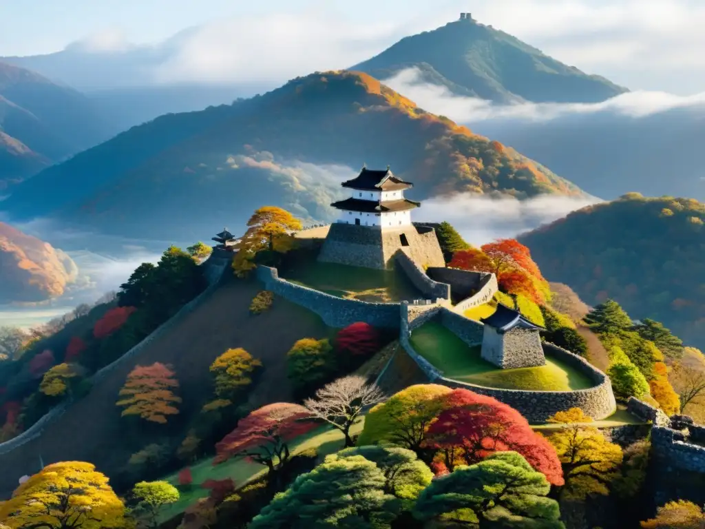 Ruinas del Castillo Takeda, rodeadas de colores otoñales, en contraste con la historia y filosofía samurái Takeda