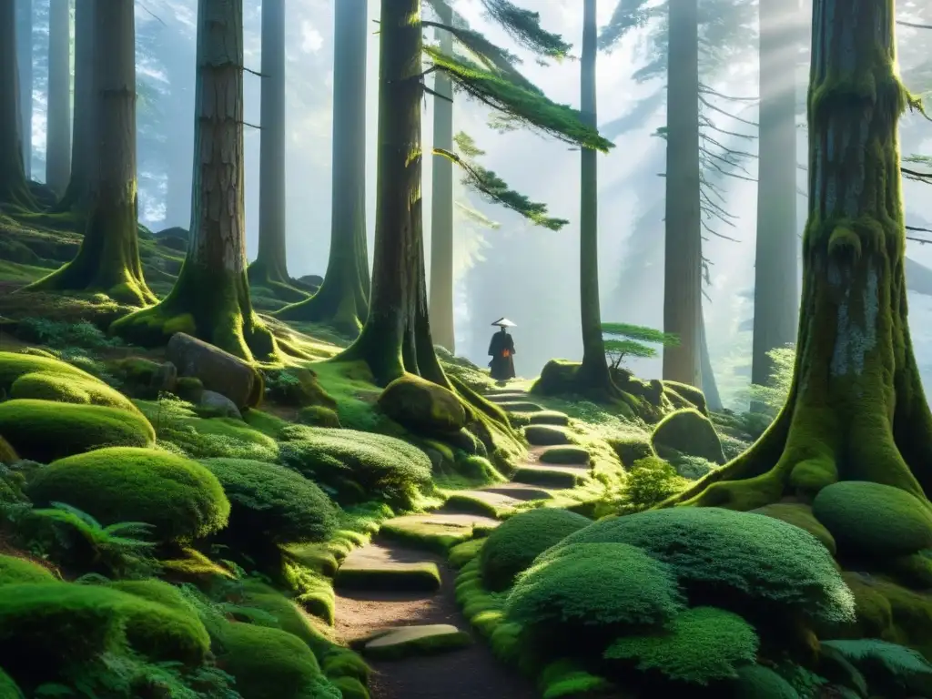 Una ruta de peregrinación samurái serpentea entre árboles cubiertos de musgo en un antiguo bosque, bajo la luz del sol y las montañas brumosas