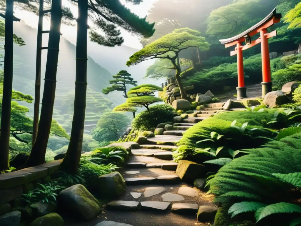 Rutas de peregrinación samurái: Sendero montañoso con torii y exuberante vegetación, bañado por la luz entre la neblina