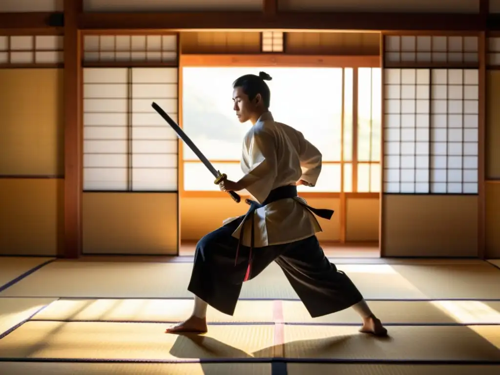 Rutina diaria de entrenamiento samurái en un dojo al amanecer, con luz dorada y figura ejecutando kata de espada con disciplina y dedicación