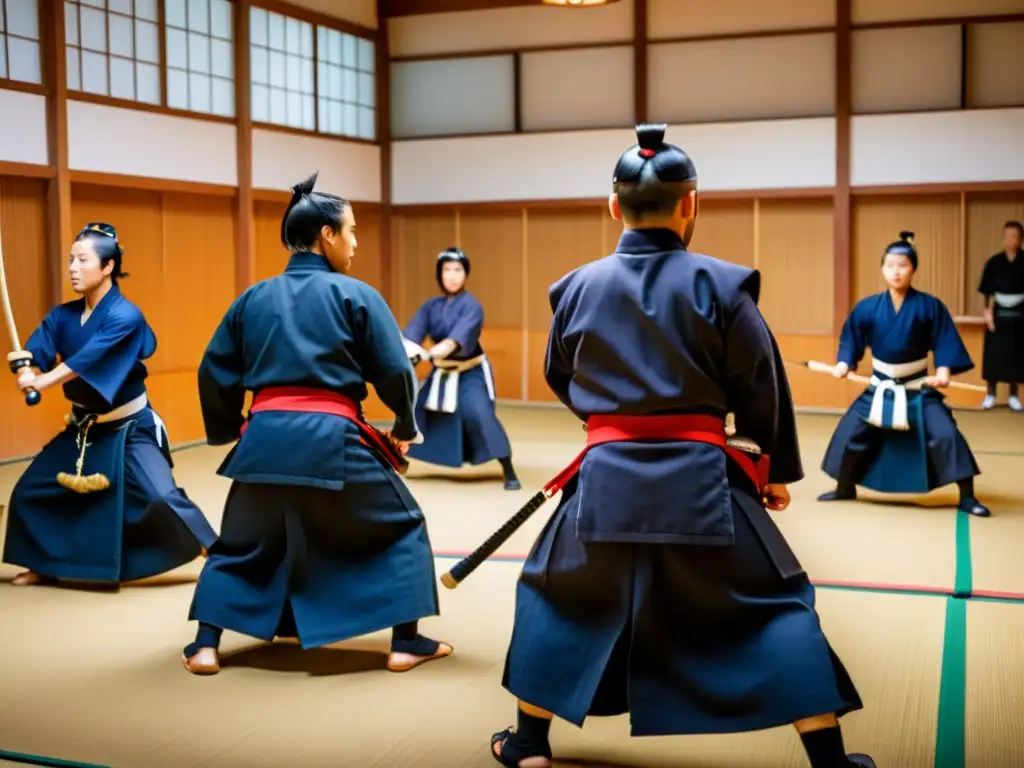 Rutinas de entrenamiento kendo agilidad en tradicional dojo japonés, con sensei supervisando la intensa práctica de los practicantes