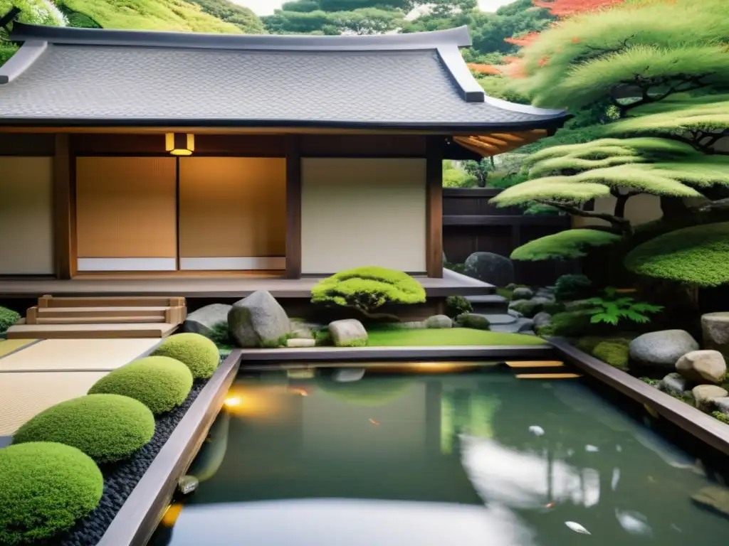 Un ryokan japonés tradicional rodeado de serenos jardines, con una arquitectura que refleja la elegancia atemporal de la cultura samurái