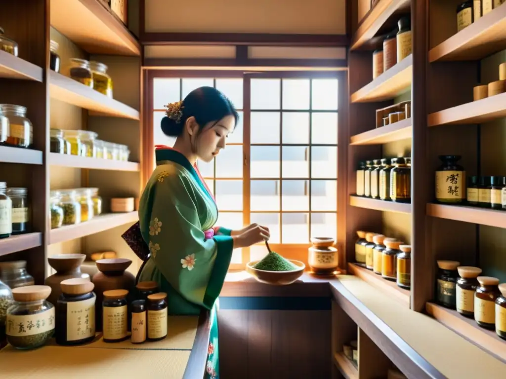 Una sabia mujer samurái elabora medicina tradicional en una antigua tienda japonesa llena de hierbas y frascos coloridos