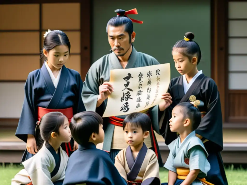 Un sabio mentor enseña los valores del código samurái a niños vestidos con atuendos tradicionales en un majestuoso jardín japonés con sakuras en flor