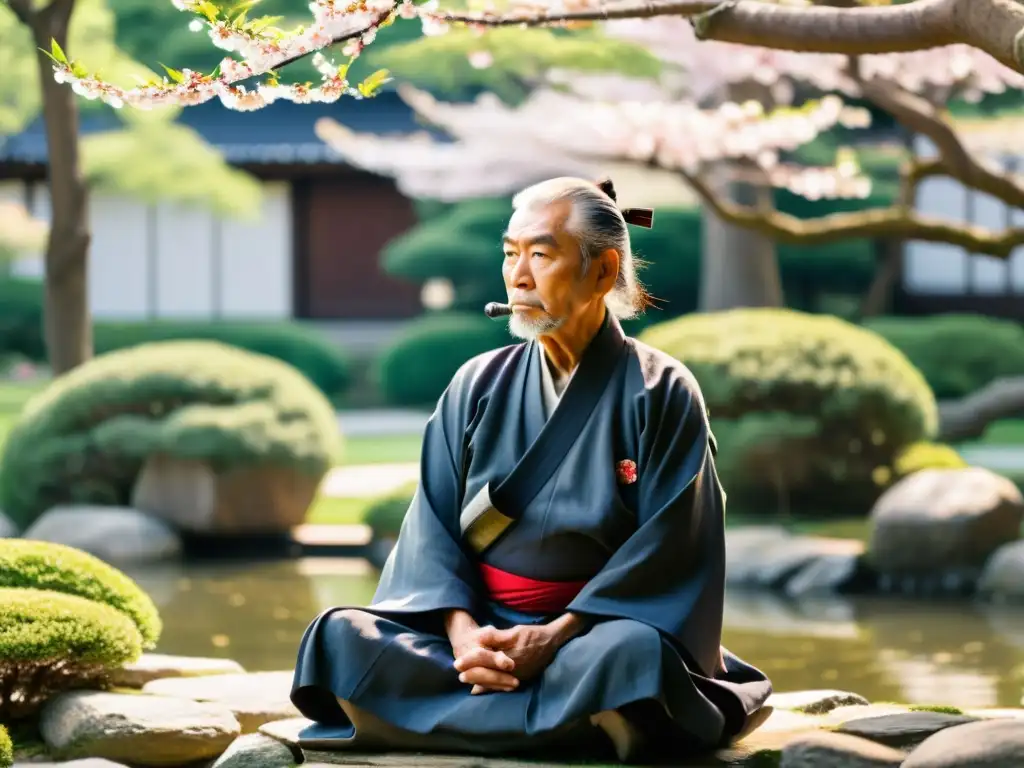 Un sabio samurái anciano medita en un jardín japonés, rodeado de naturaleza exuberante y árboles de cerezo en flor