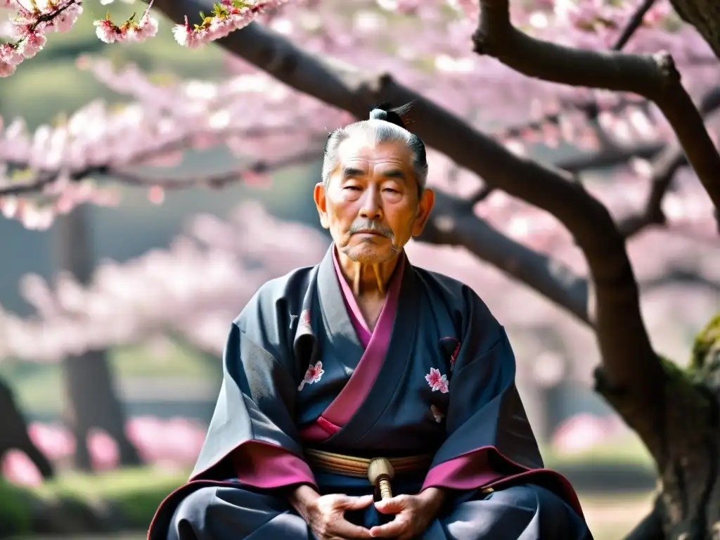 Un sabio samurái medita bajo un cerezo en flor, reflexionando sobre la ética del Samurai Bushido interpretación, mientras la luz juega en su armadura