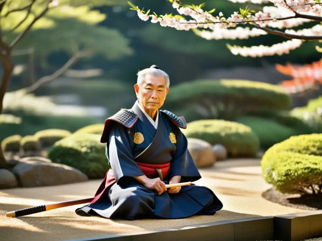 Un sabio samurái escribe un haiku en un jardín japonés, con la luz de la tarde iluminando las flores de cerezo