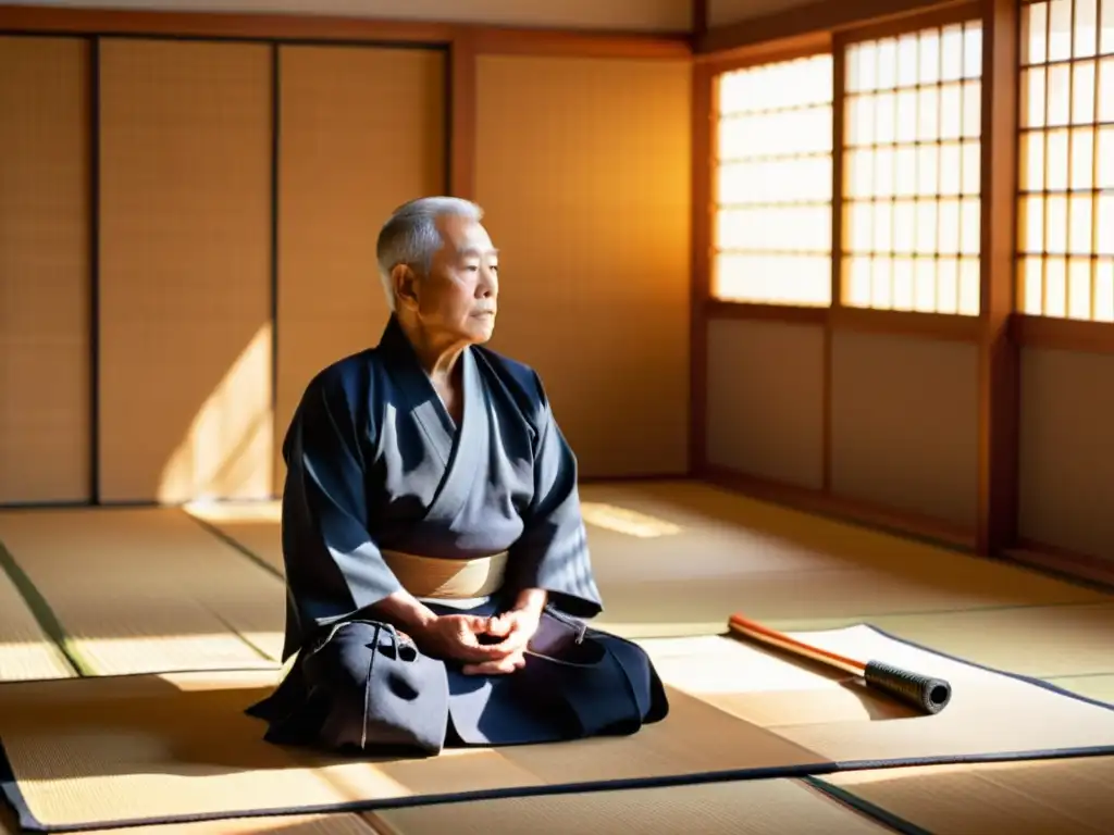 Un sabio sensei de kendo medita en un dojo sereno, emanando calma