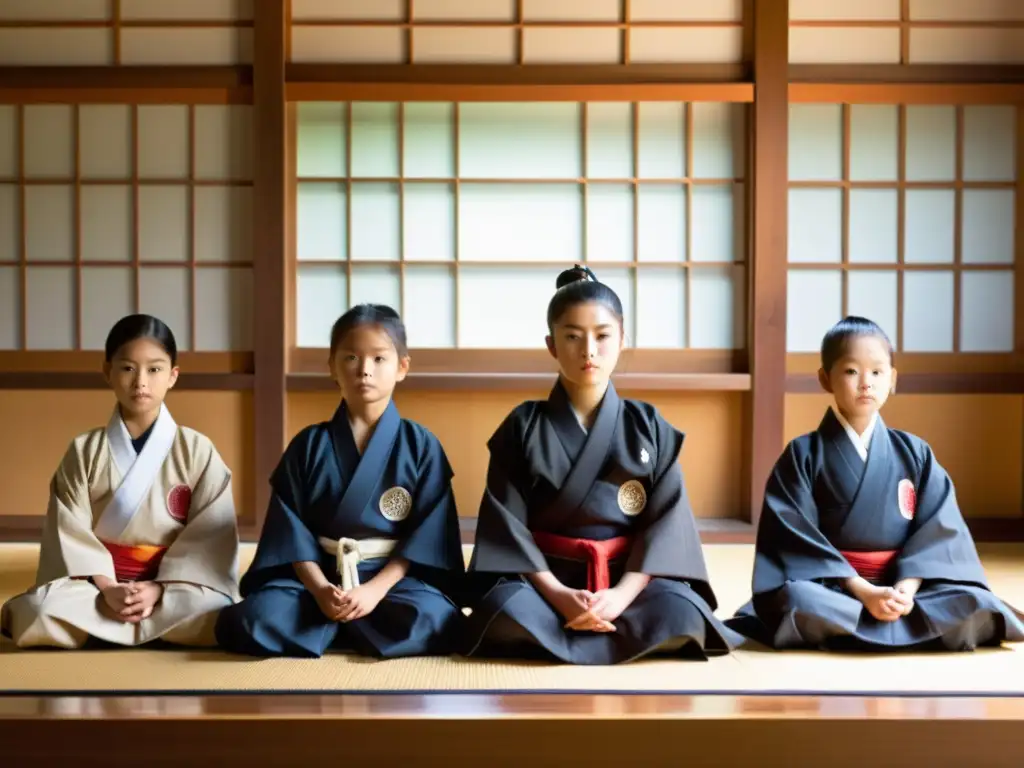 Un sabio sensei imparte los valores samurai a jóvenes en un dojo japonés