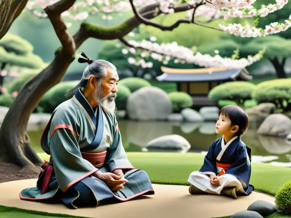 Un sabio samurái enseña los valores del código samurái a niños en un jardín japonés tradicional