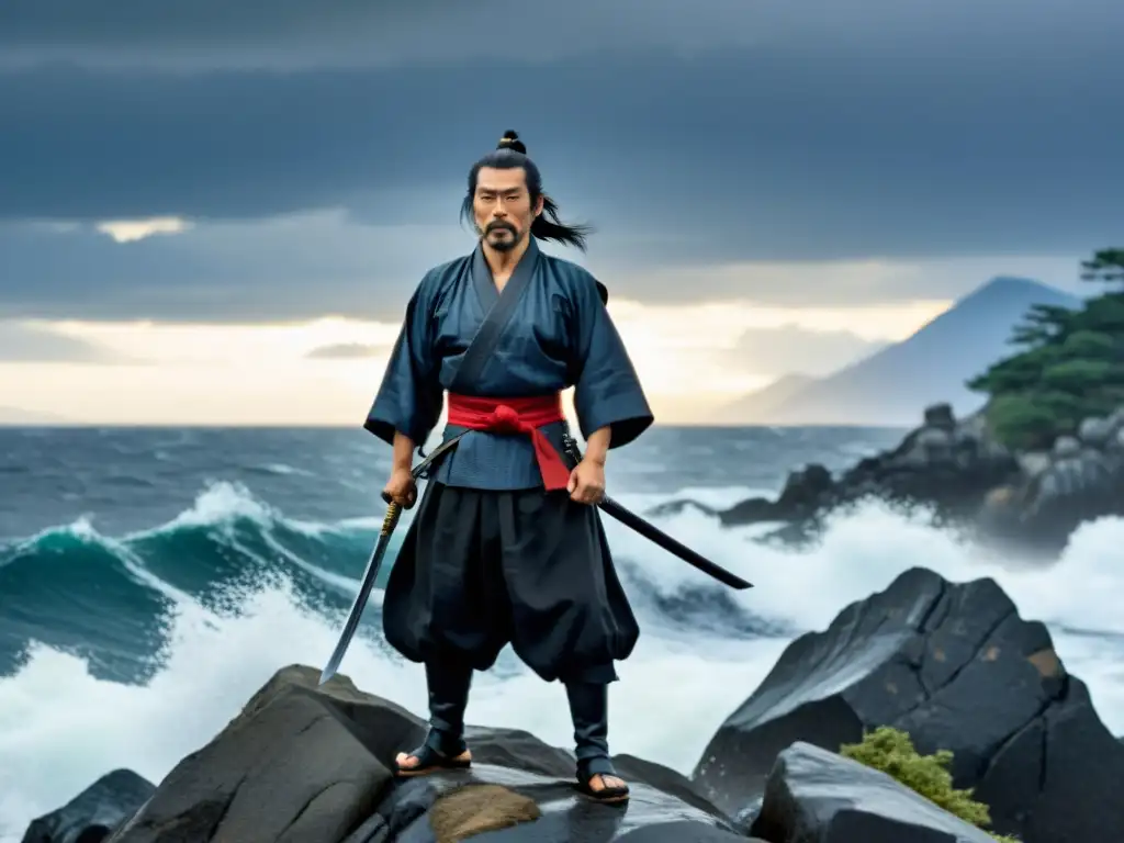 Saigō Takamori, último samurái de la era Meiji, en un acantilado frente al mar embravecido