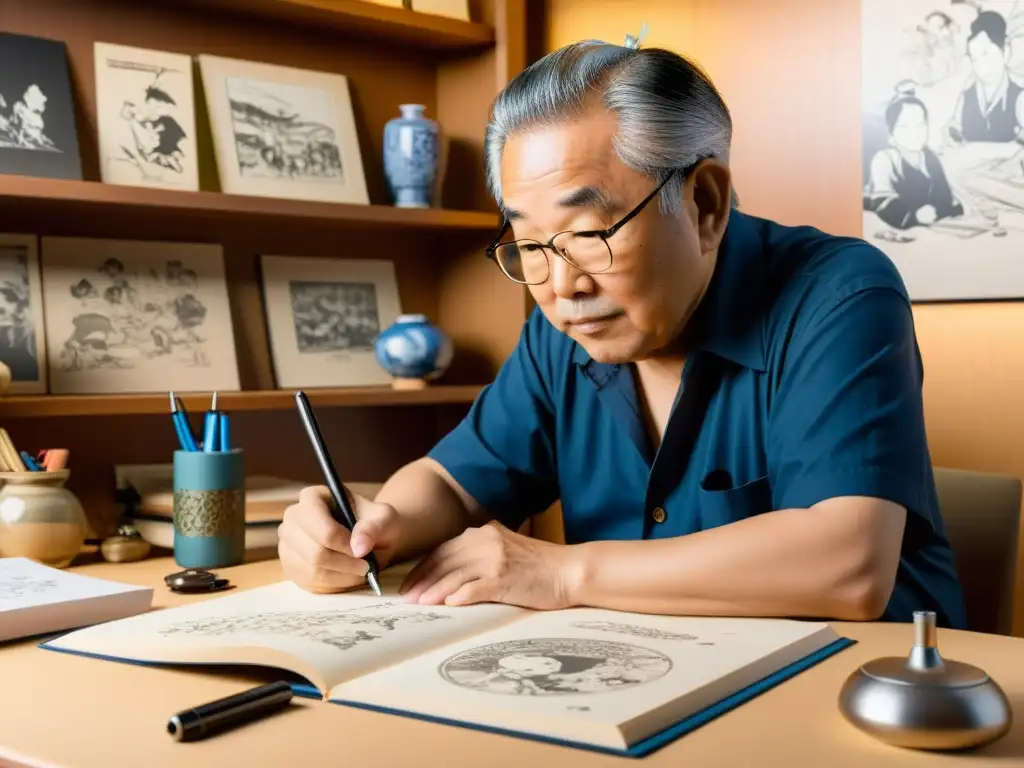 Stan Sakai, creador de Usagi Yojimbo, concentrado en su dibujo rodeado de bocetos e instrumentos de trabajo