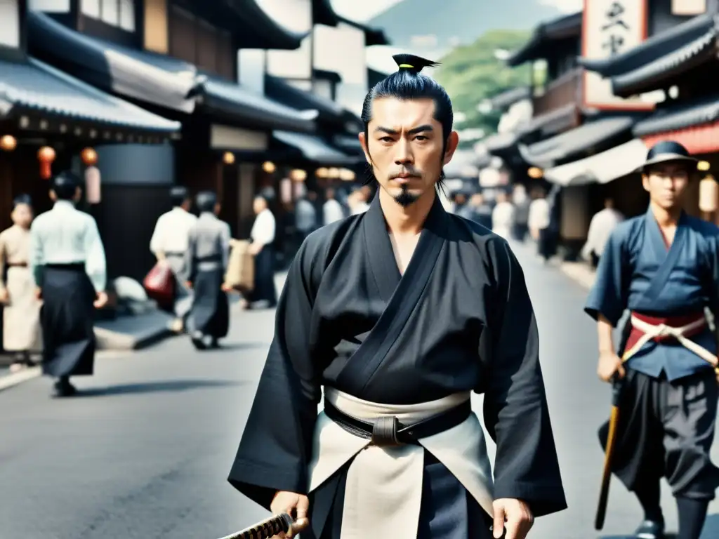 Sakamoto Ryoma destaca en la bulliciosa calle de Japón, simbolizando la modernidad y la tradición samurái