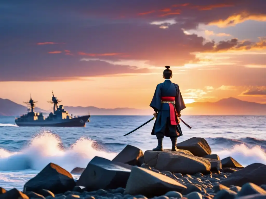 Sakamoto Ryoma contempla la modernidad de Japón en un atardecer vibrante sobre el océano, reflejando su espíritu visionario