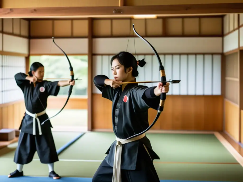 Sala de arquería japonesa con practicantes samuráis en atuendo tradicional demostrando la meditación en movimiento samurái con gracia y precisión