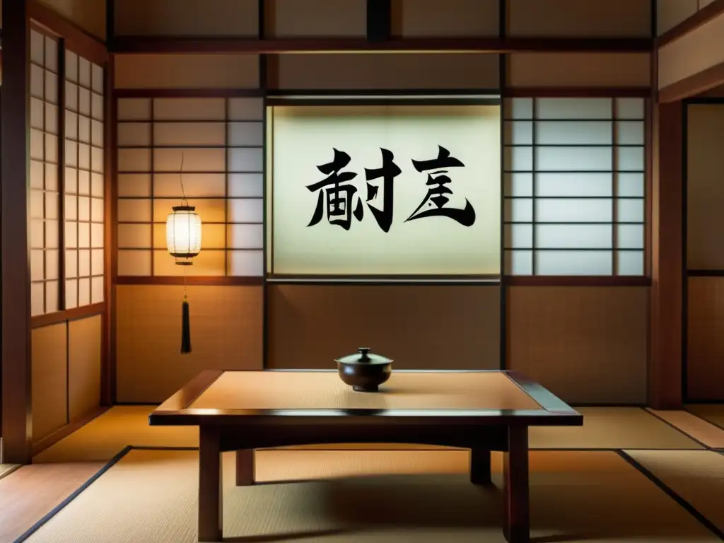 Una sala japonesa iluminada tenue, destaca una caligrafía enmarcada con luz