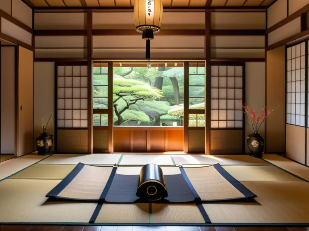 Una sala de tatami tradicional japonesa con una exhibición de réplicas de espadas samurái y armaduras