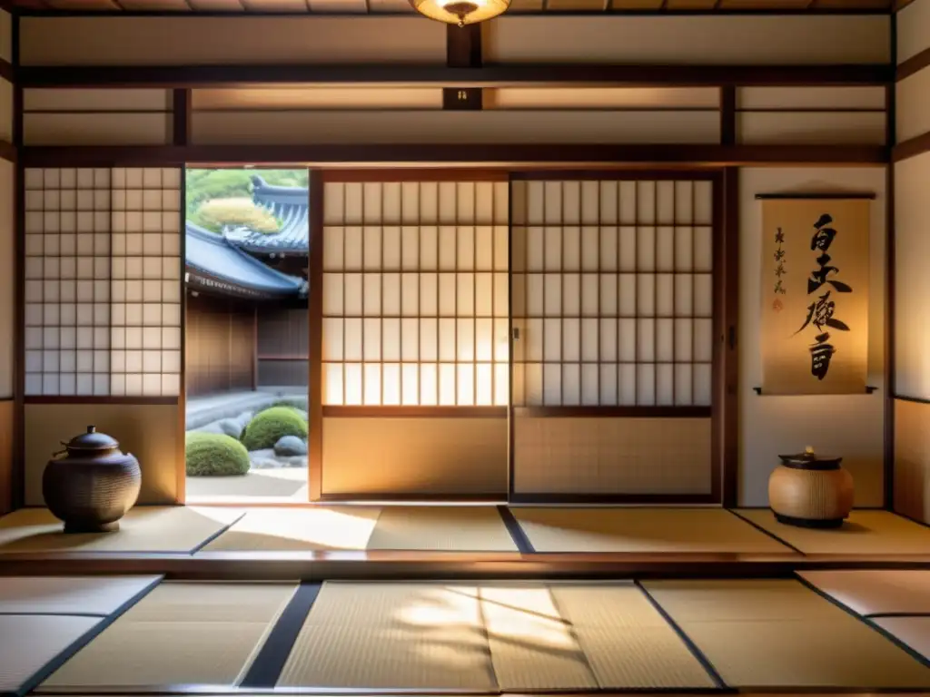 Una sala de té japonesa tradicional con caligrafía samurái inspiradora en cuadros de madera ornados, shoji y tatamis, bañada por la luz del sol