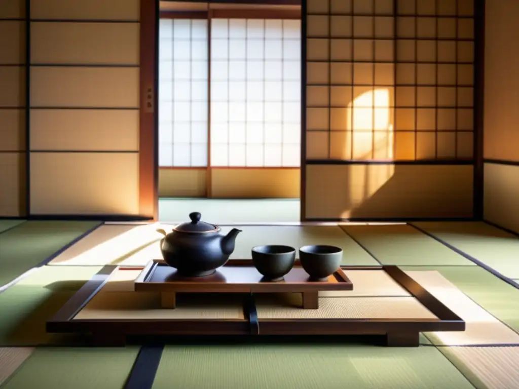 Una sala de té japonesa tradicional bellamente decorada con una ceremonia del té samurái en curso, exudando tranquilidad y disciplina