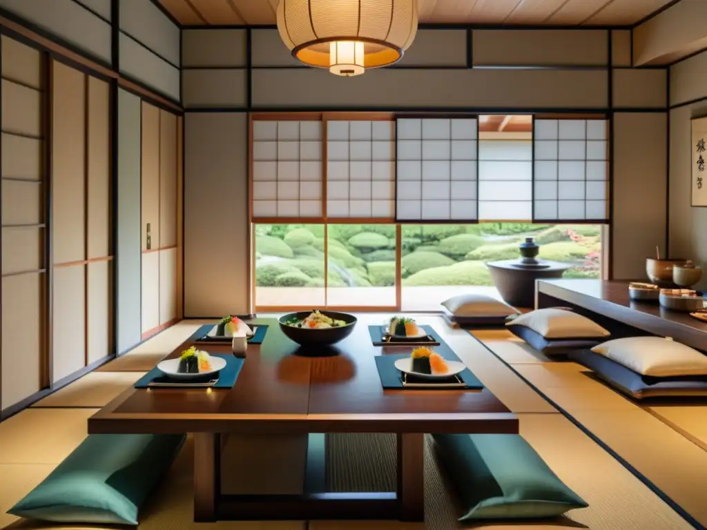 Un salón japonés tradicional con mesas bajas, exquisita vajilla y platos japoneses