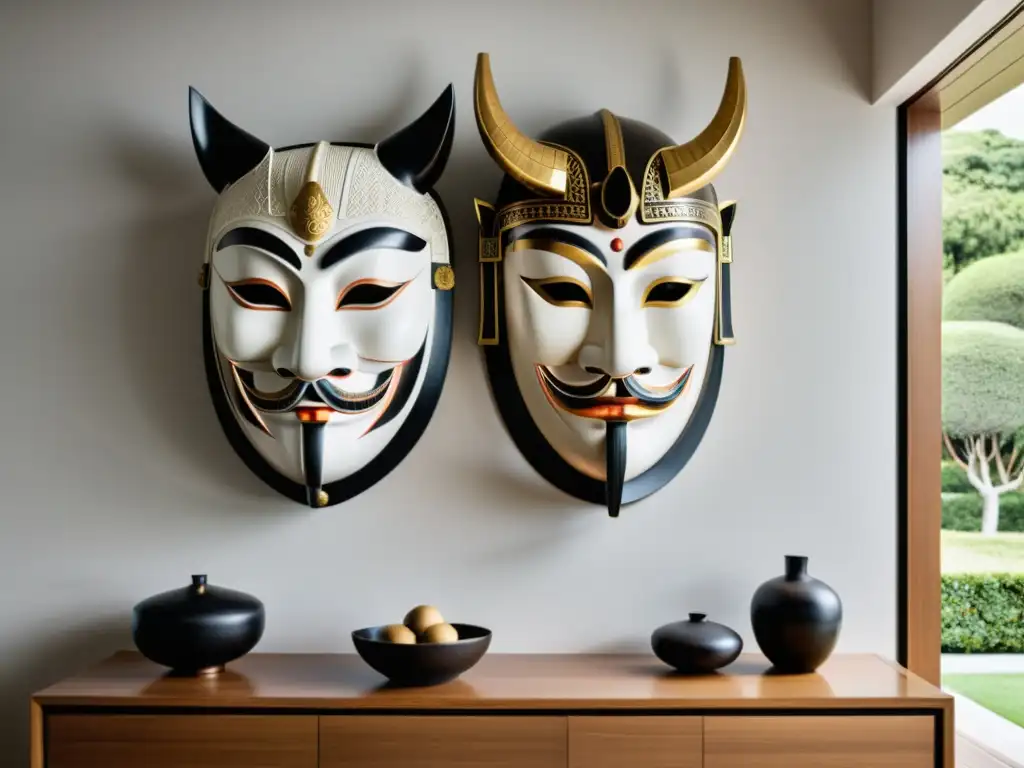 Un salón minimalista con máscaras de samurai para decoración, contrastando historia y modernidad con una paleta neutra